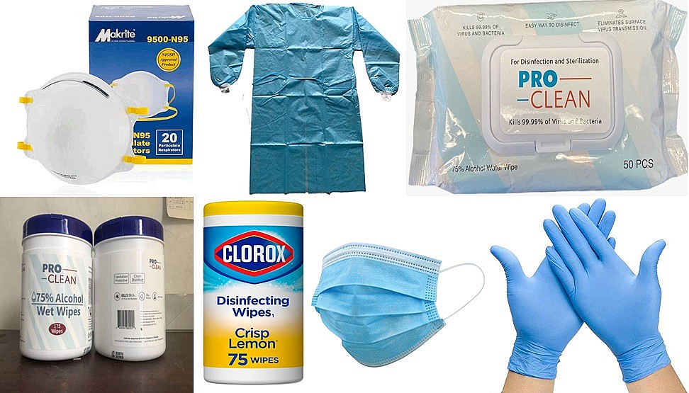 N95 NIOSH Mask, Nitrile Gloves, Level II Disposable Gowns, Disinfectants, and Antibacterial wipes