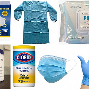 N95 NIOSH Mask, Nitrile Gloves, Level II Disposable Gowns, Disinfectants, and Antibacterial wipes